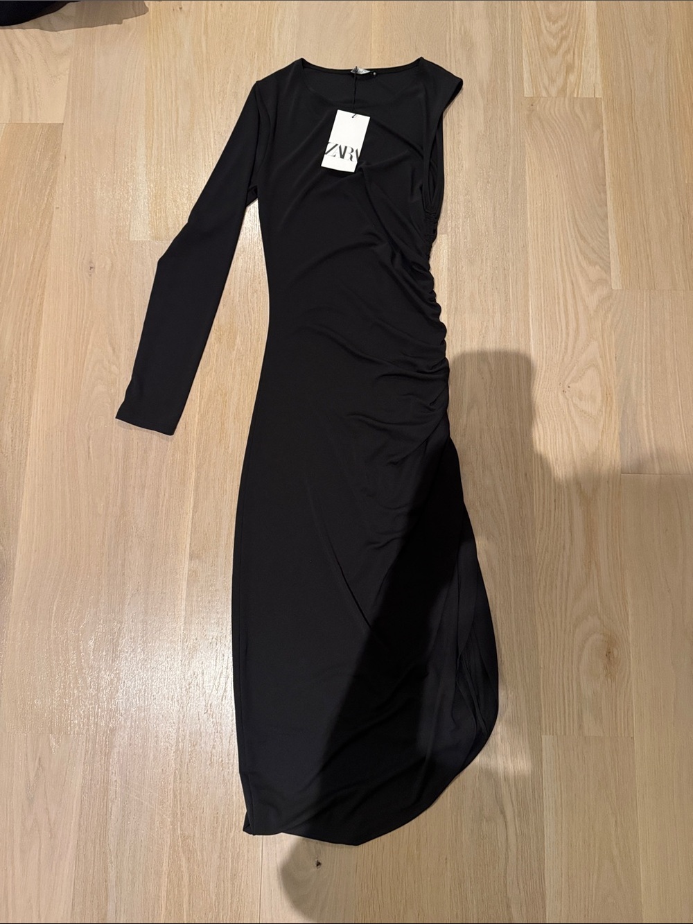 Zara Black Long-Sleeve Ruched Asymmetric Midi Dress